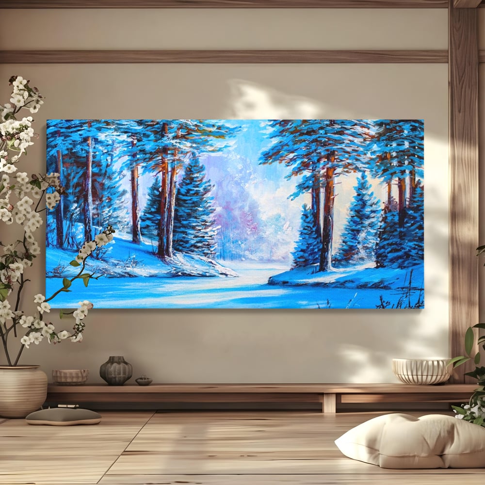 Tablou canvas cu pictura peisaj de iarna cu padure si zapada, fara rama, pe sasiu de lemn